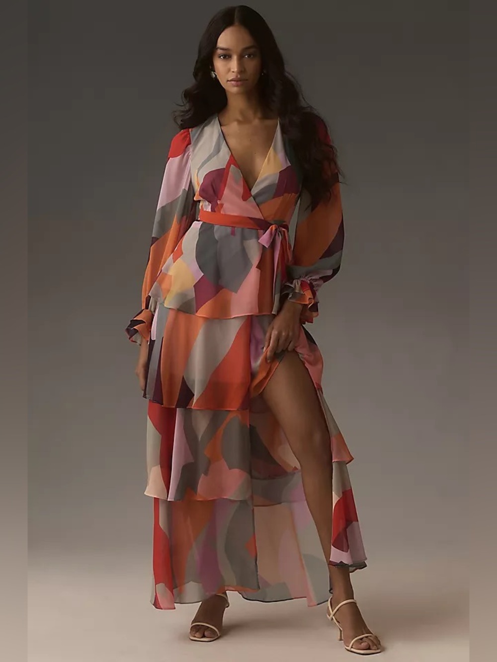 Hutch Long Sleeve V Neck Wrap Maxi Dress Rainbow Multi Small